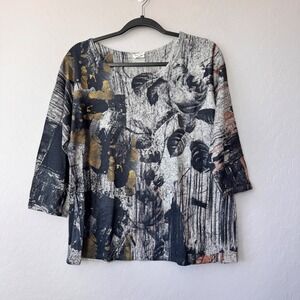 Et Lois Large Gray Black Abstract Floral Print 3/4 Sleeve Top Made in USA